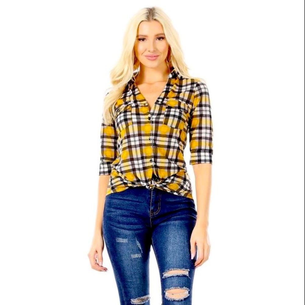 Yellow plaid button up shirt. With tie.